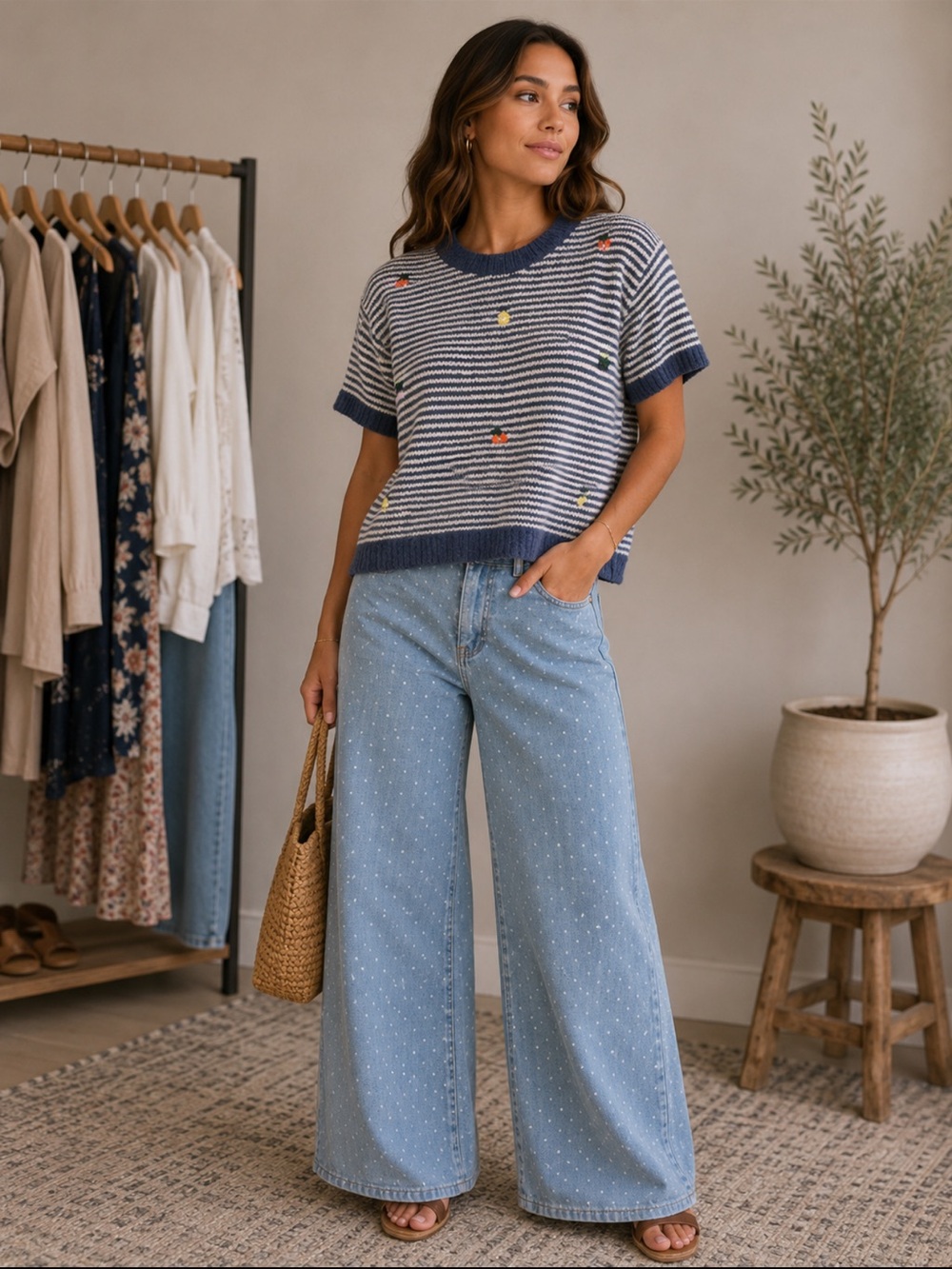 FROM PARIS FRANCE 🇫🇷 Wide Leg Polka Dot Jeans - Light Blue